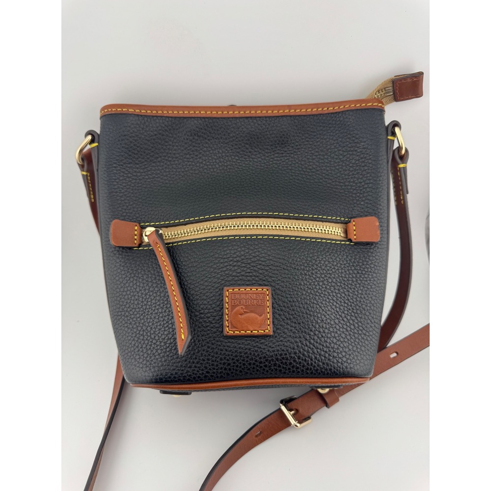 Dooney & Bourke Black Pebbled Leather Small Crossbody Bucket Bag Tan Trim